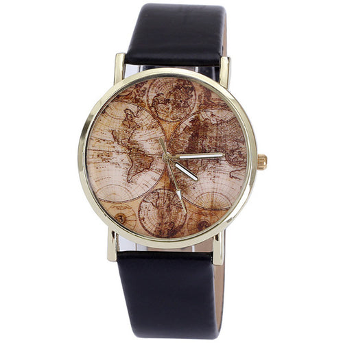 Women's World Map Leather Band Analog Quartz Wrist Watch Watches