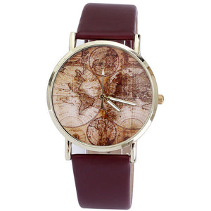 Women's World Map Leather Band Analog Quartz Wrist Watch Watches