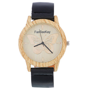 Women Wood Graintterfly Analog Quartz Watch Leather Band Wrist Watch