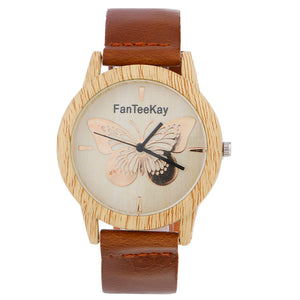 Women Wood Graintterfly Analog Quartz Watch Leather Band Wrist Watch