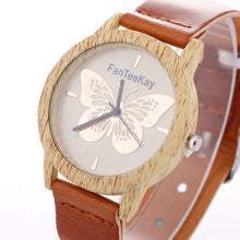 Women Wood Graintterfly Analog Quartz Watch Leather Band Wrist Watch